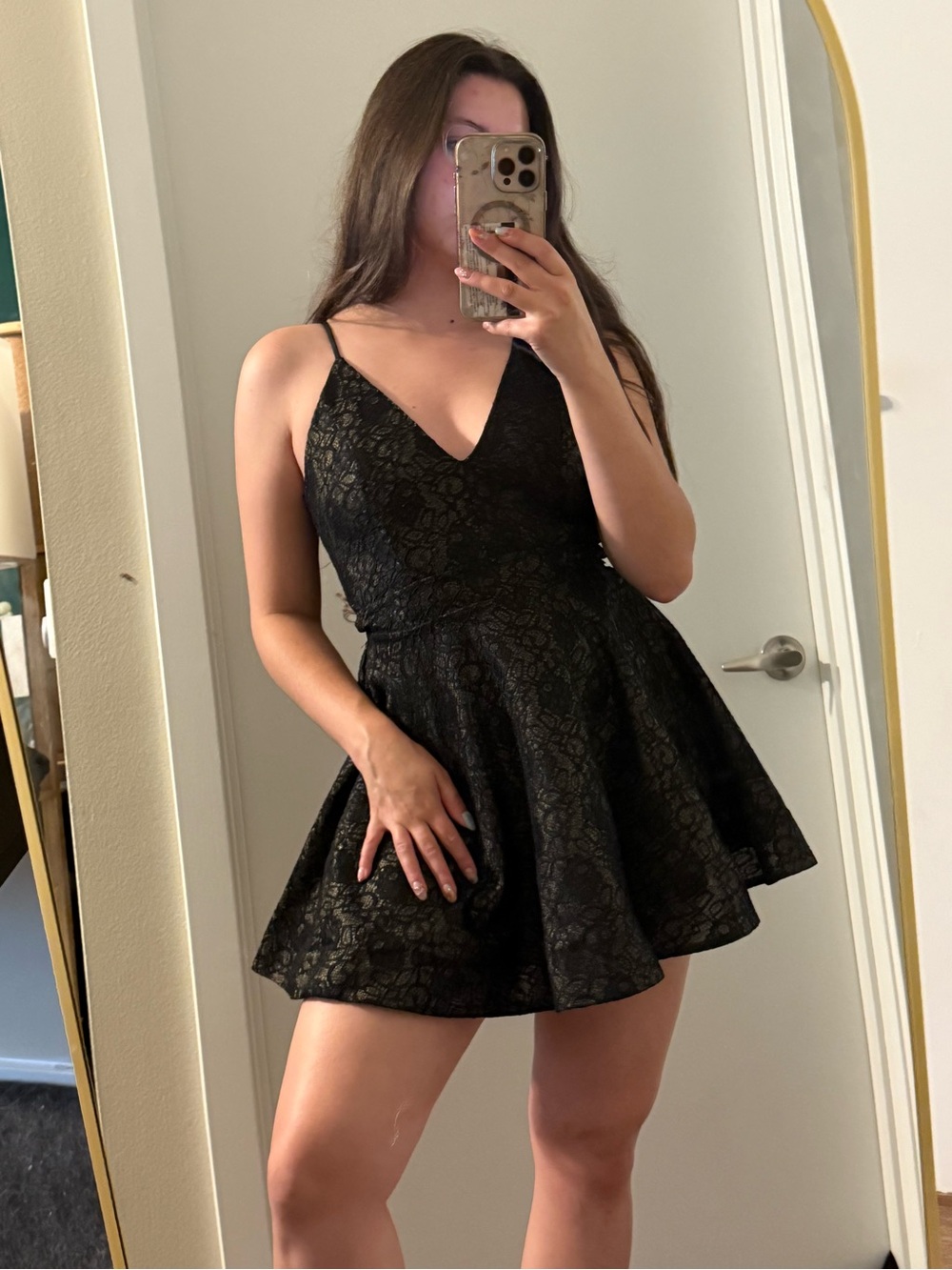 a'gaci Black Lace V-Neck Fit-and-Flare Mini Dress